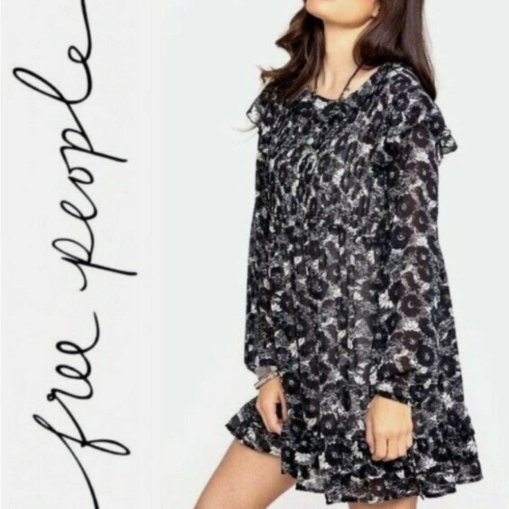 Free People These Dreams Long Sleeve Mini Dress Black White Floral Boho
